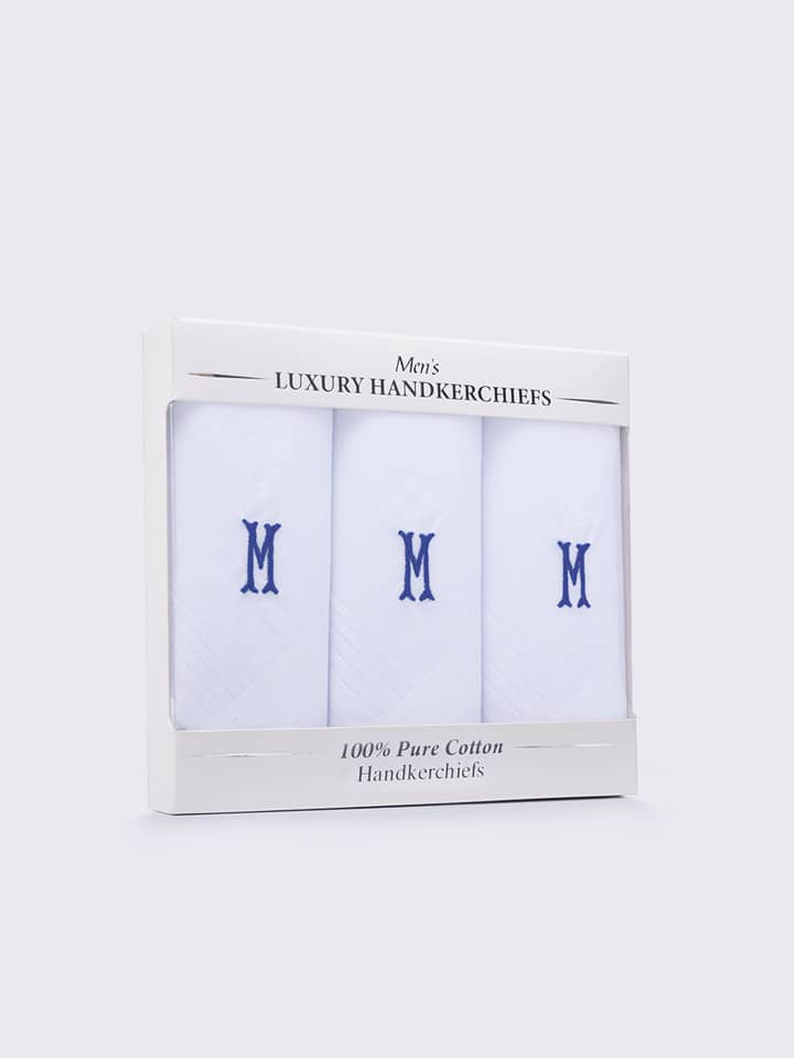 Men's 100% Cotton White Initial Handkerchief 3 Pack